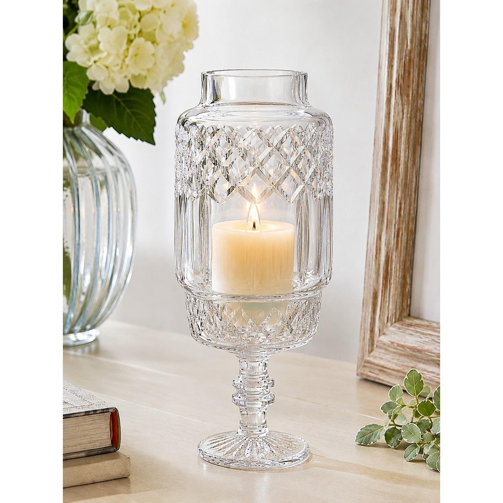 Royal Doulton Signed Clear 24% Crystal Hurricane Candle Holder Tea Light 8.5"